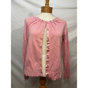 New York & Company Pink Button Up Ruffle Cardigan (Medium)